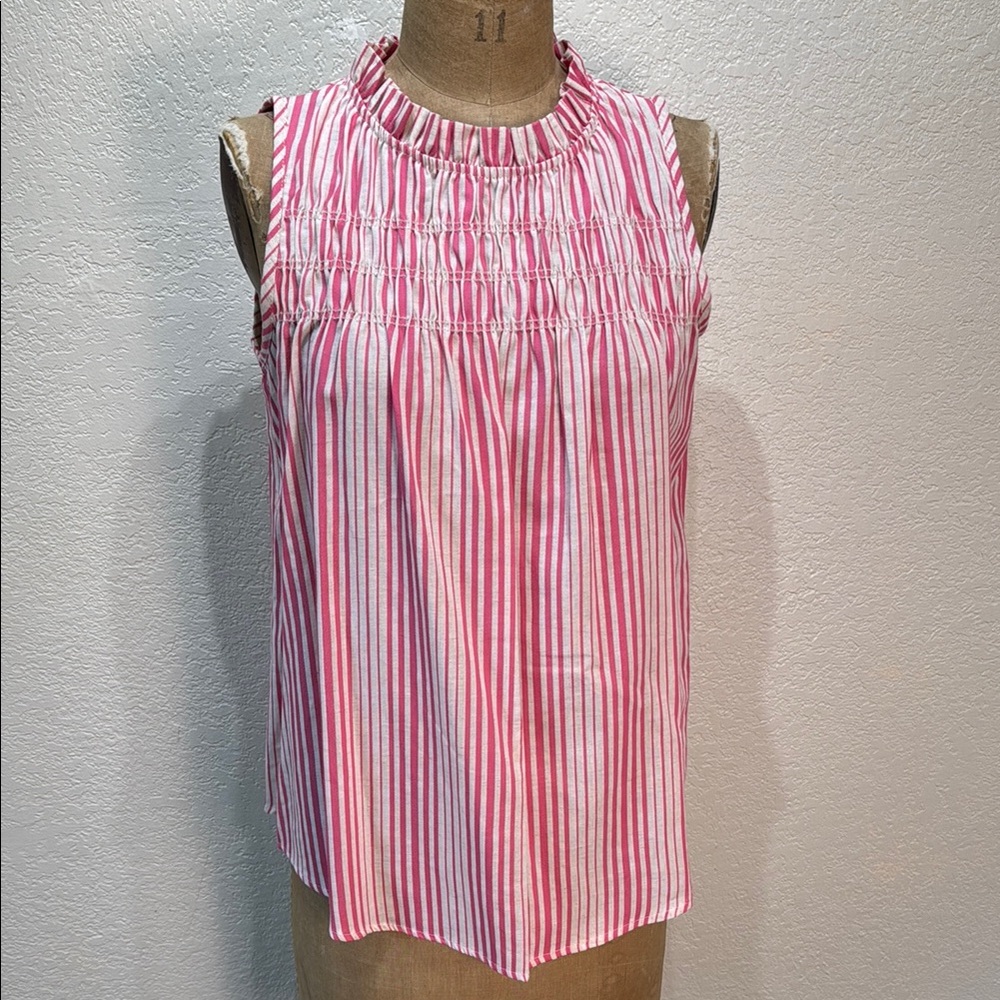 Lilypad Women's Small Striped Pink White Ruched Ruffle Sleeveless‎ Top NWT